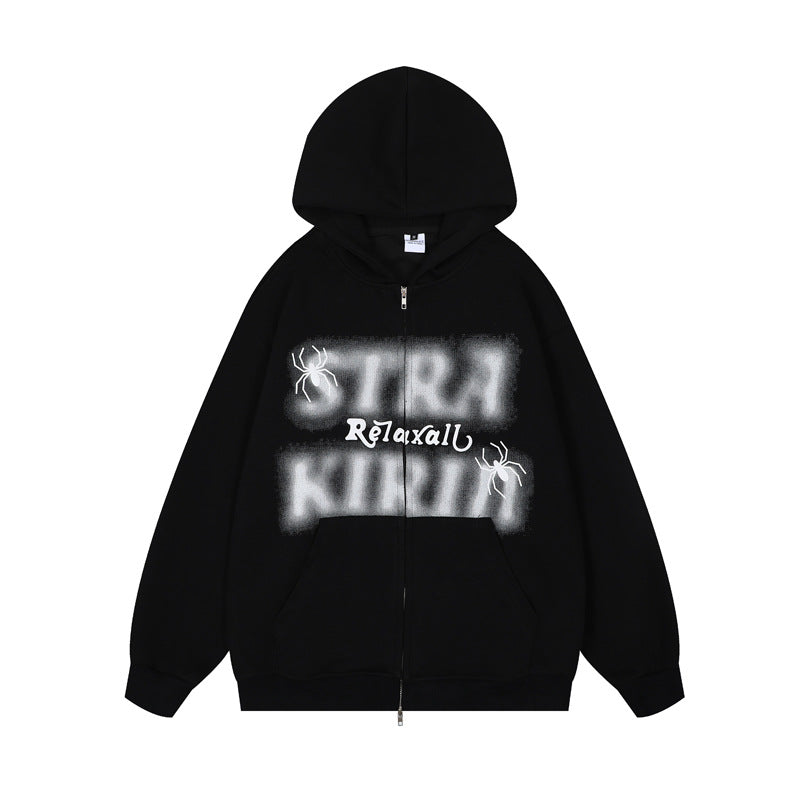 Streetwear Hoodie Vintage Spider Embroidered Hooded Sweater Loose Hip Hop Zip Cardigan Jacket