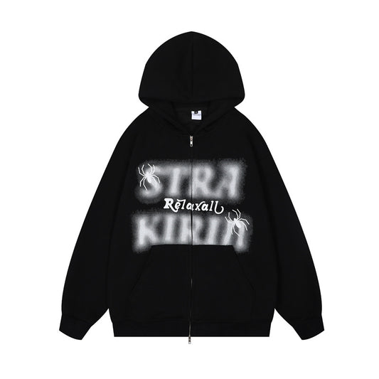 Streetwear Hoodie Vintage Spider Embroidered Hooded Sweater Loose Hip Hop Zip Cardigan Jacket
