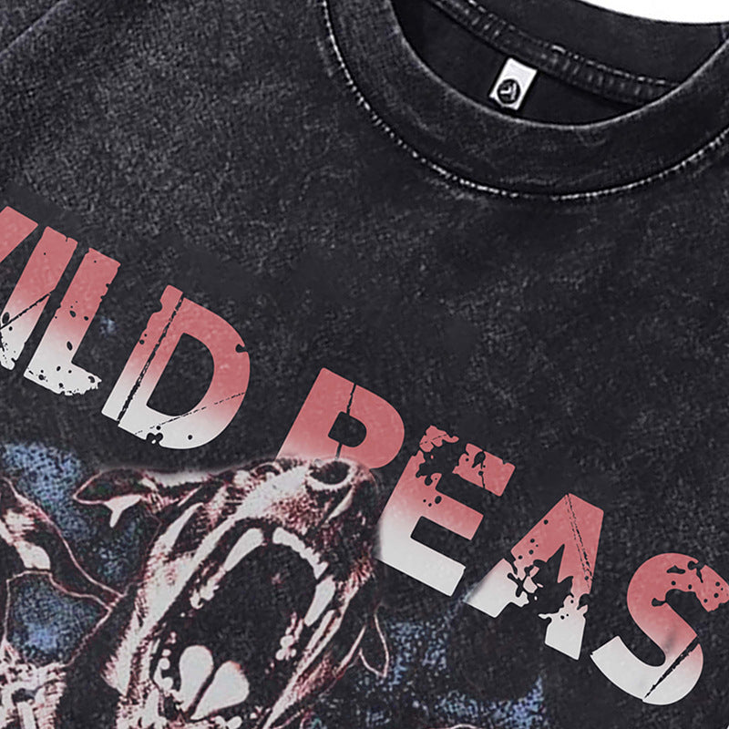 Ropa Vintage Hombre Vintage Doberman Printed Washed Old Short Sleeve T-Shirt