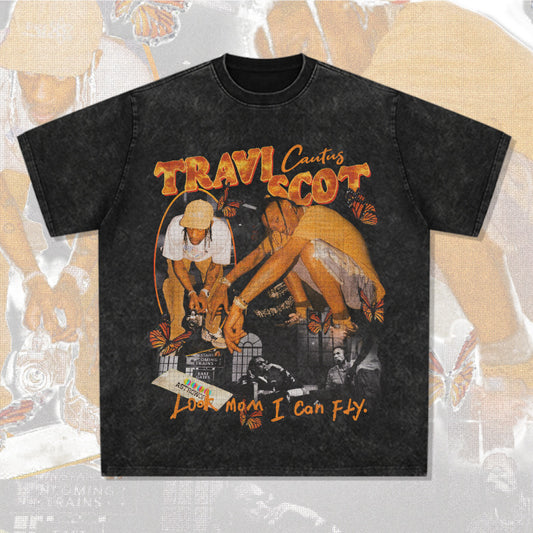 New york hip hop shop BC hip hop rap Travis Scott TS print short sleeve washed old t-shirt
