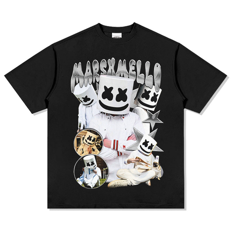 Streetwear masculin MARSHMELLO vintage hip hop rap print short sleeve t-shirt