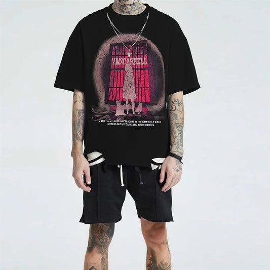 Distorted vintage necklace short sleeve t-shirt summer loose top