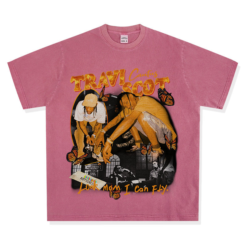 New york hip hop shop BC hip hop rap Travis Scott TS print short sleeve washed old t-shirt