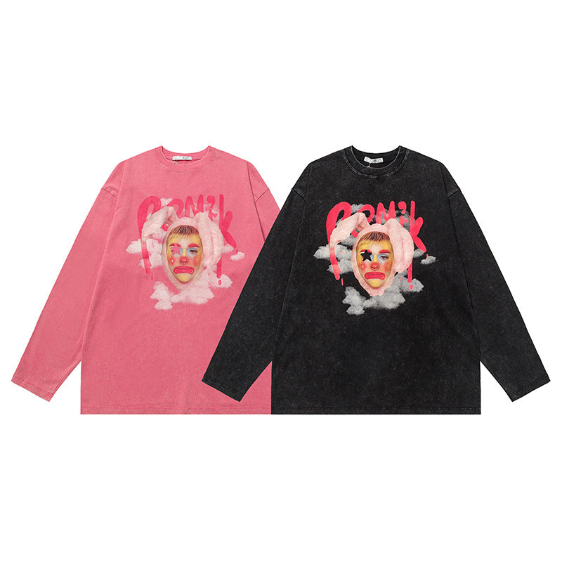 Vintage T Shirts Hip Hop Vintage Clown Washed Long Sleeve T-Shirt