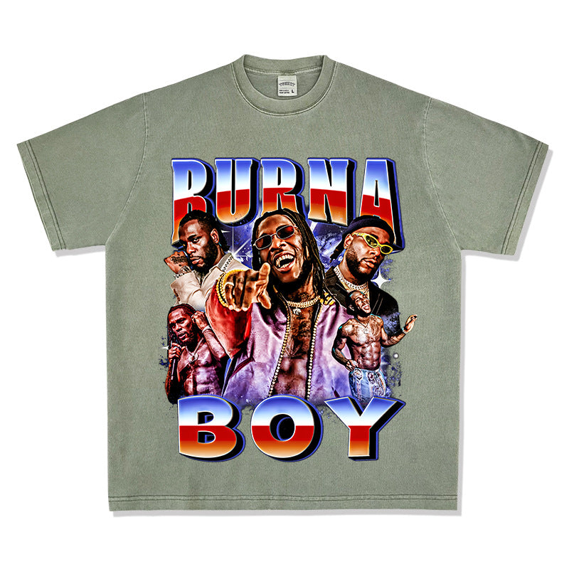 Streetwear masculino vintage hip hop Burna Boy print short sleeve t-shirt