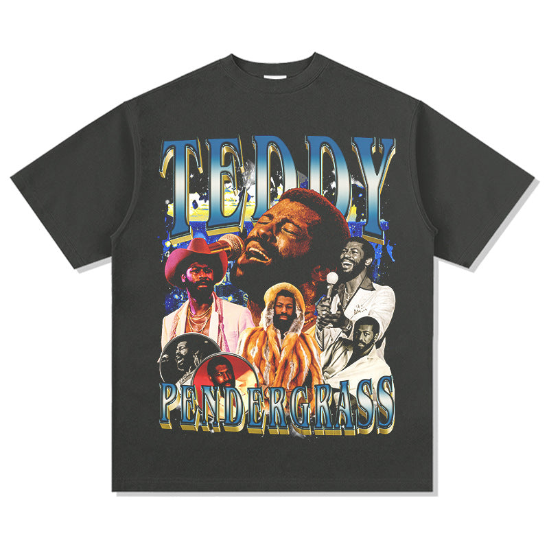 Outfit streetwear Vintage Hip Hop Pendergrass Print Short Sleeve T-Shirt