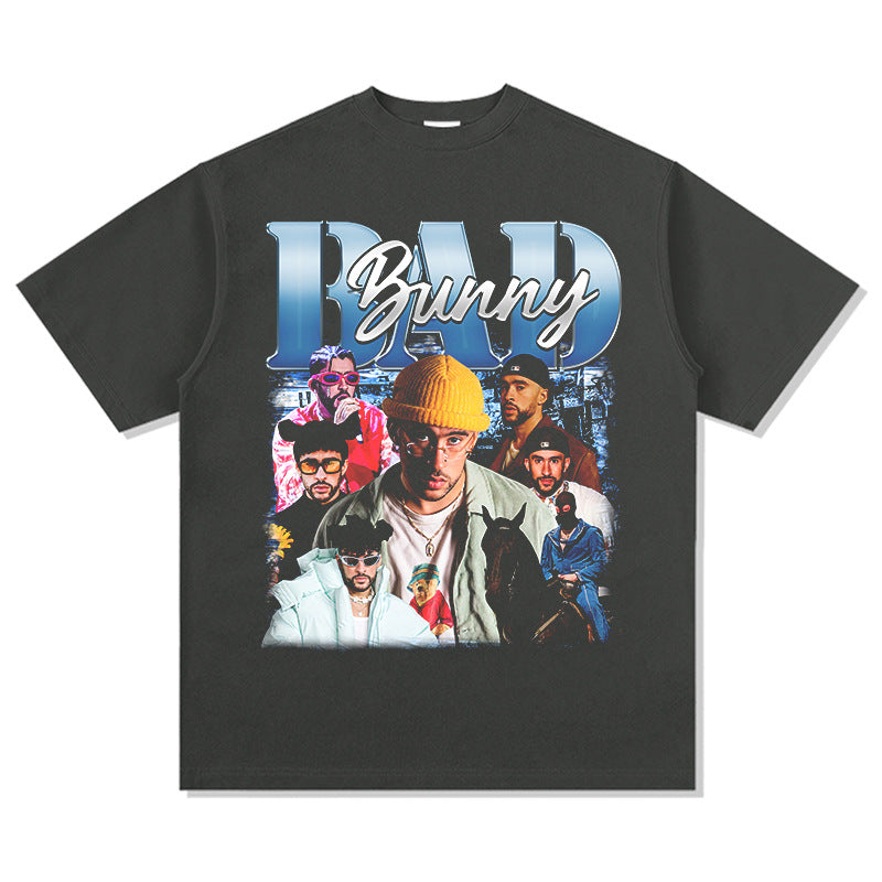 Streetwear masculino vintage hip hop Bad Bunny print short sleeve t-shirt