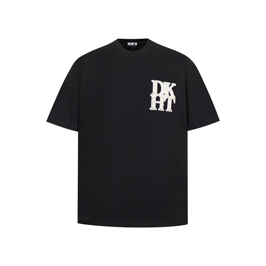 New York Hip Hop Style Pearl Embroidered Short Sleeve T-Shirt