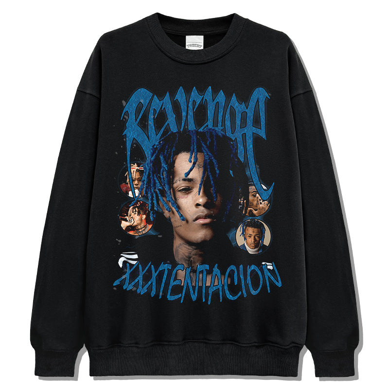 Streetwear masculino hip hop XXX Tentacion vintage print crew neck sweater