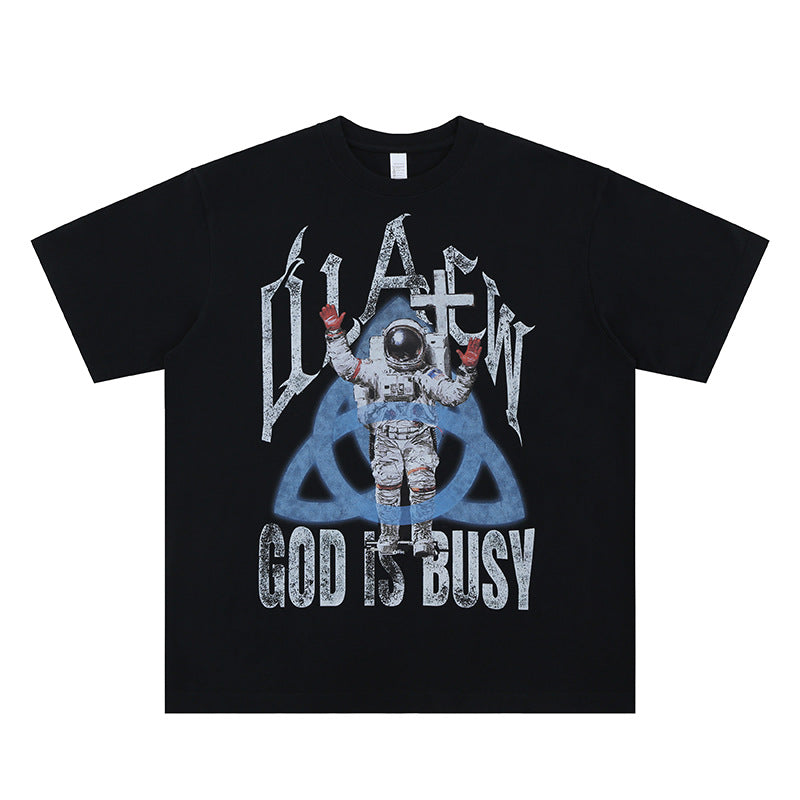 Vic Streetwear Summer Vintage Astronaut Print Crew Neck Short Sleeve T-Shirt