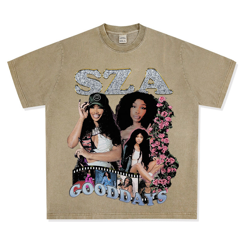 Streetwear masculino vintage rap SZA print short sleeve t-shirt oversize