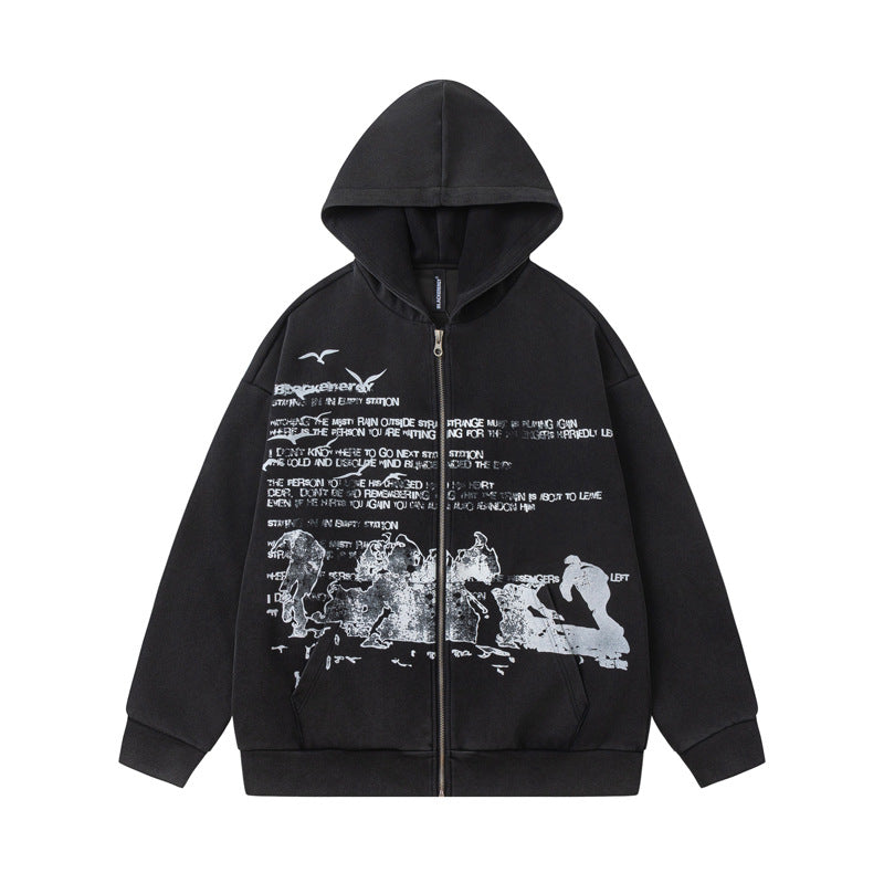 Streetwear Hoodie Vintage Washed Old Letter Print Hooded Sweater Cardigan Jacket
