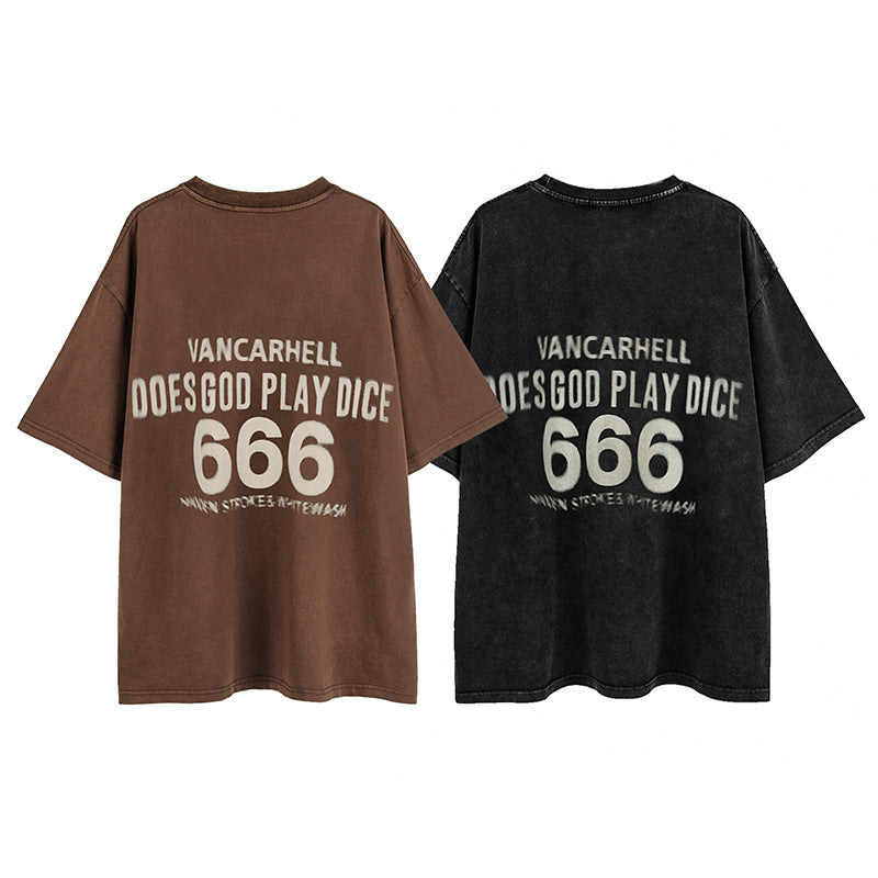 Vintage T Shirts Hip Hop Vintage Washed Dice Print Short Sleeve T-Shirt