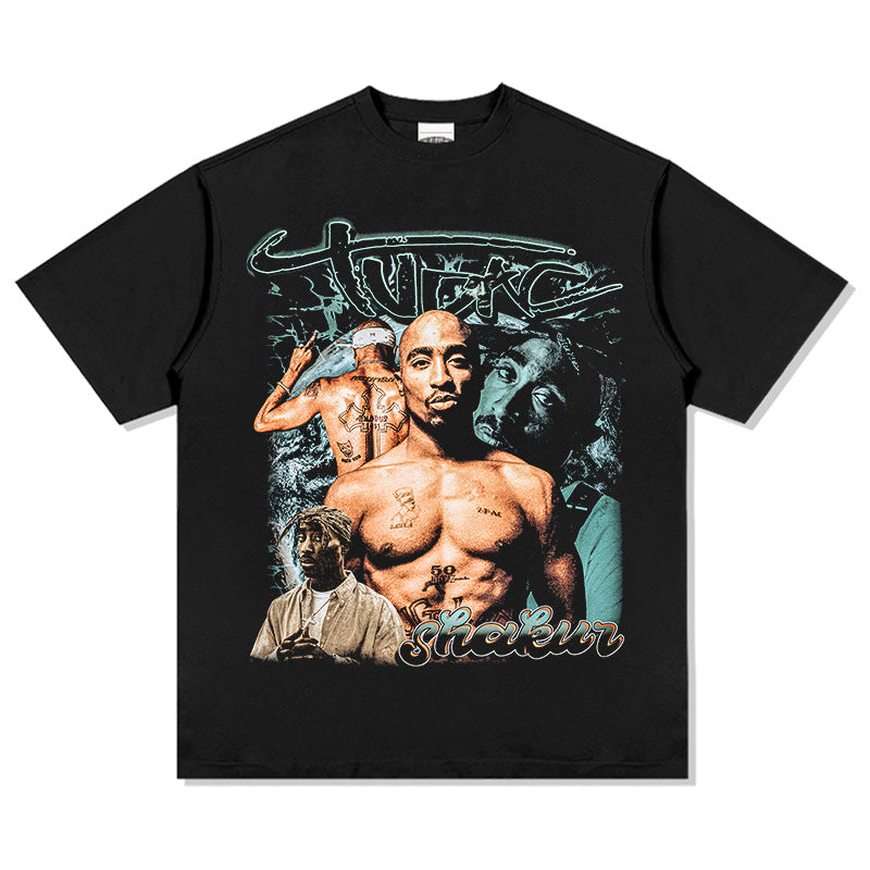 Outfit streetwear vintage hip hop tupac print, short sleeve t-shirt