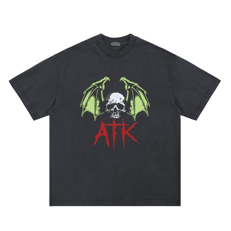 Vintage College Shirts Summer Demon Skull Letter Crew Neck Short Sleeve T-Shirt