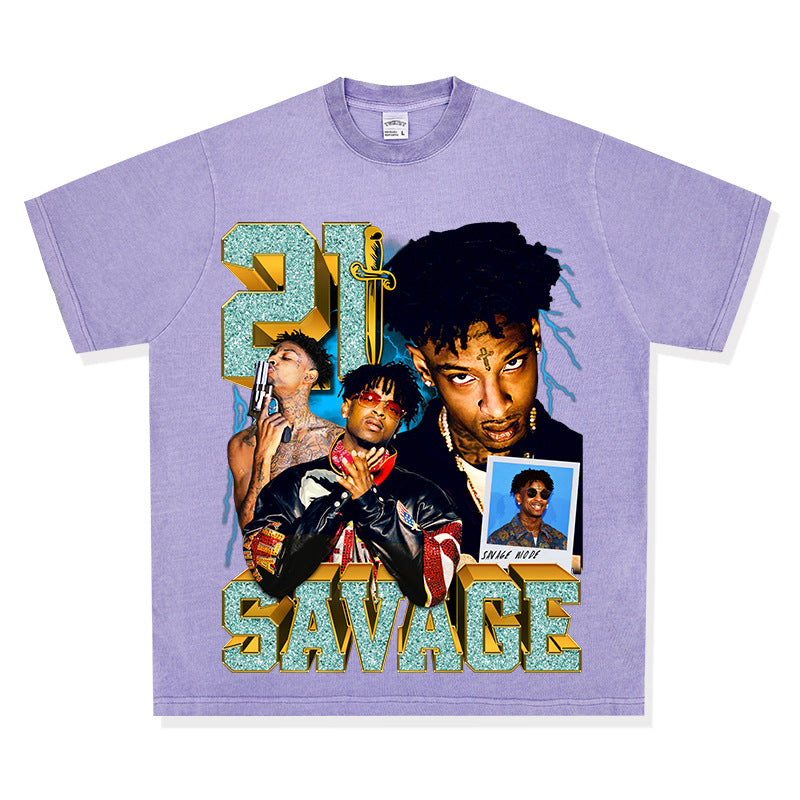 Streetwear masculino hip hop 21 savage print vintage hiphop short sleeve t-shirt
