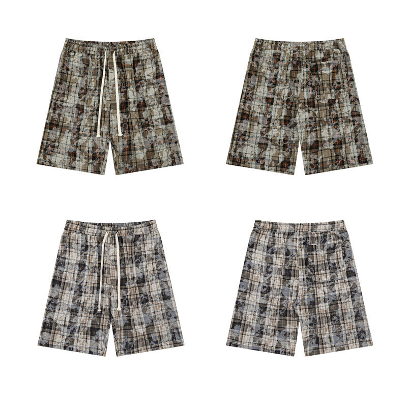 Stone Wash T shirt Retro plaid short-sleeved shirt Summer loose shorts
