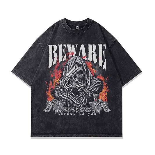 Ropa Vintage Hombre Skull Print Washed Old Short Sleeve T-Shirt