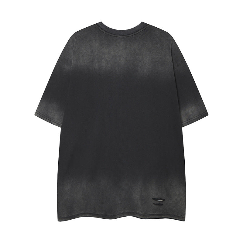 Camisas Retros cut holes and wash gradual change old letter print short sleeve t-shirt