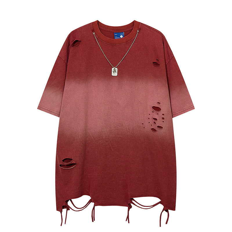 Nostalgia T Shirts Tie-dye gradual change washed hole short sleeve T-shirt