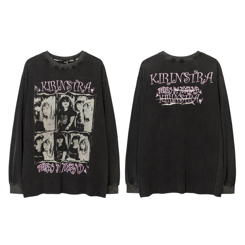 Vintage T Shirts Hip Hop Old Wash Character Print Long Sleeve T-Shirt Autumn oversize