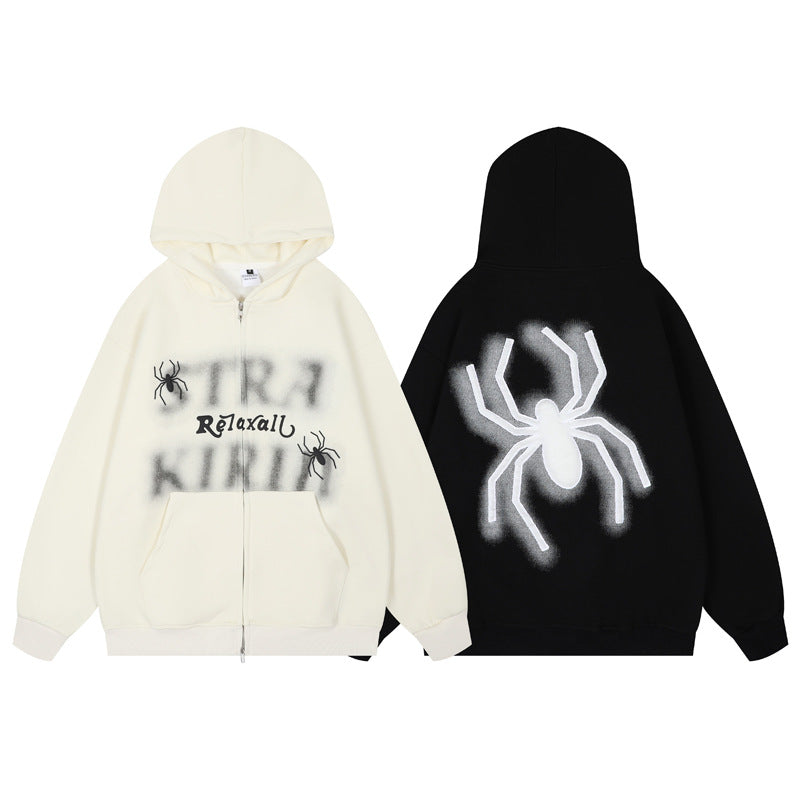 Streetwear Hoodie Vintage Spider Embroidered Hooded Sweater Loose Hip Hop Zip Cardigan Jacket