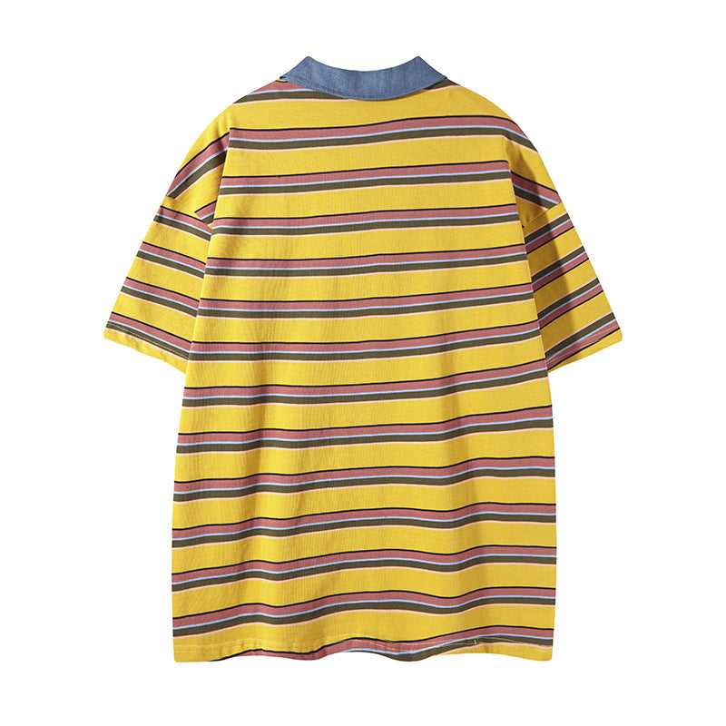 New York Hip Hop Style Vintage Striped Short Sleeve POLO Shirt Summer Alphabet Embroidered Lapel T-Shirt