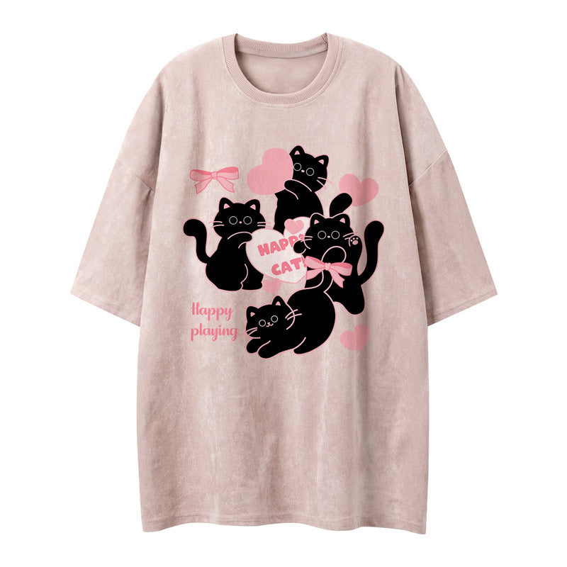 US drip outfits Summer Vintage Pussy Casual Loose Short Sleeve T-Shirts