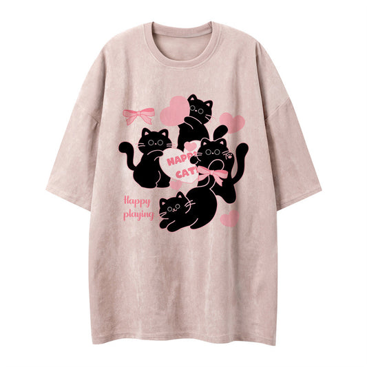 US drip outfits Summer Vintage Pussy Casual Loose Short Sleeve T-Shirts