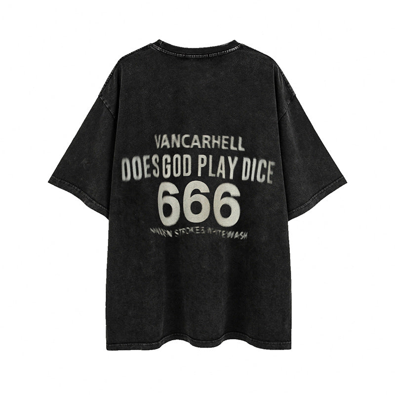 Vintage T Shirts Hip Hop Vintage Washed Dice Print Short Sleeve T-Shirt
