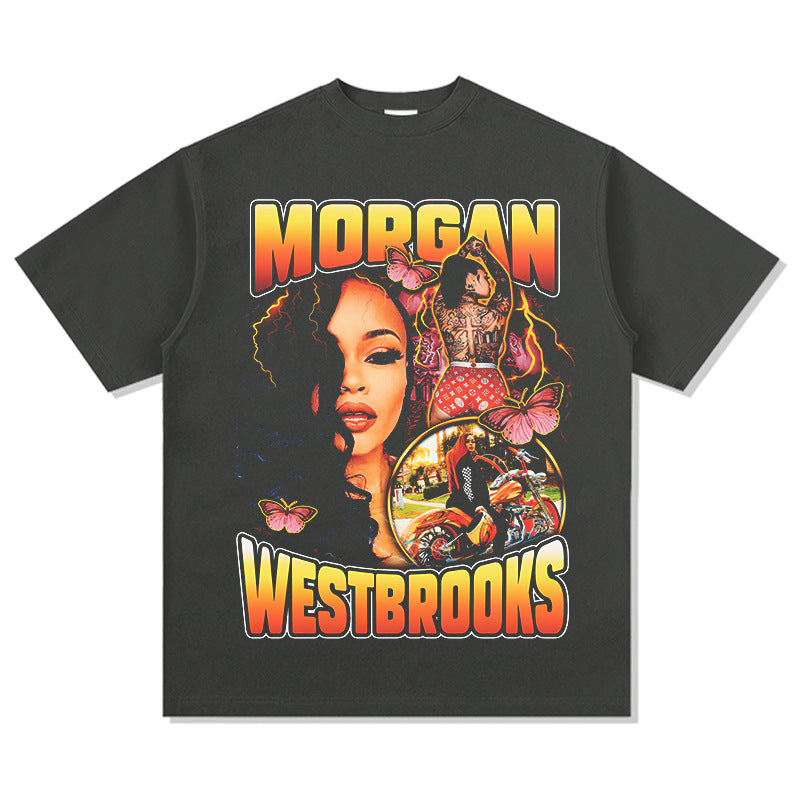 Outfit streetwear vintage hip hop morgan print short sleeve t-shirt