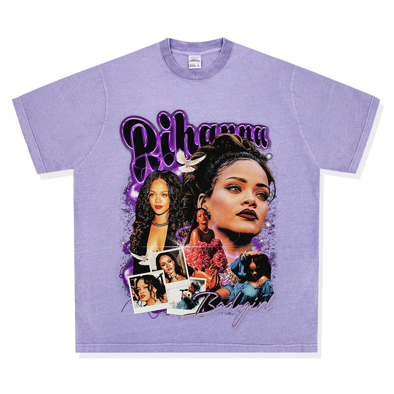 Streetwear masculino hip hop vintage Rihanna print short sleeve t-shirt VINTAGE
