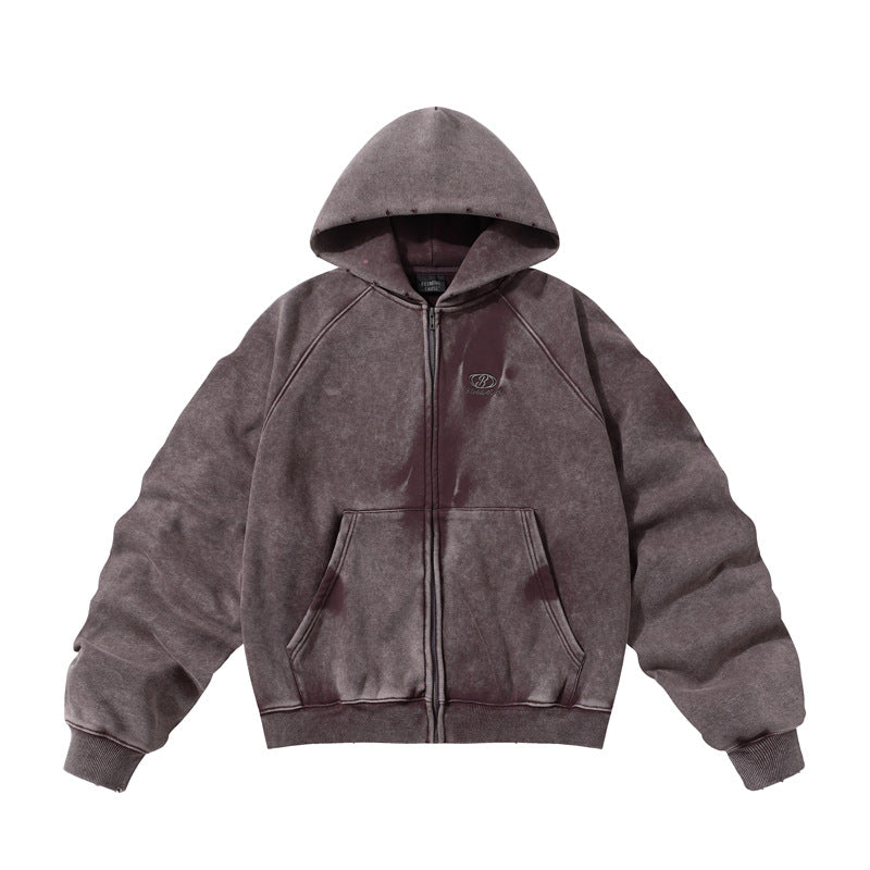 Streetwear Hoodie Winter Vintage Washed Old Hooded Sweater Loose Cardigan Jacket