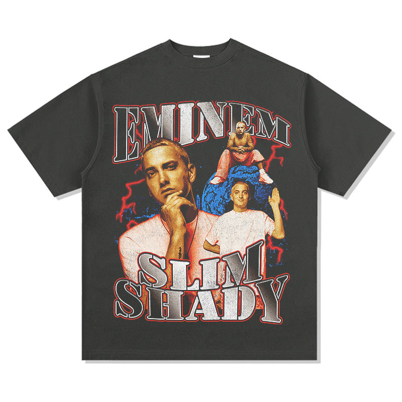 Cool t rapper Eminem Printed Hip Hop Short Sleeve Washed Old T-Shirt
