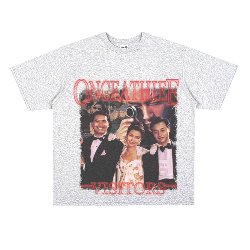 Film Star T Shirt Cotton Short Sleeve Loose round Neck Retro Nostalgic Heavy Printed T-shirt