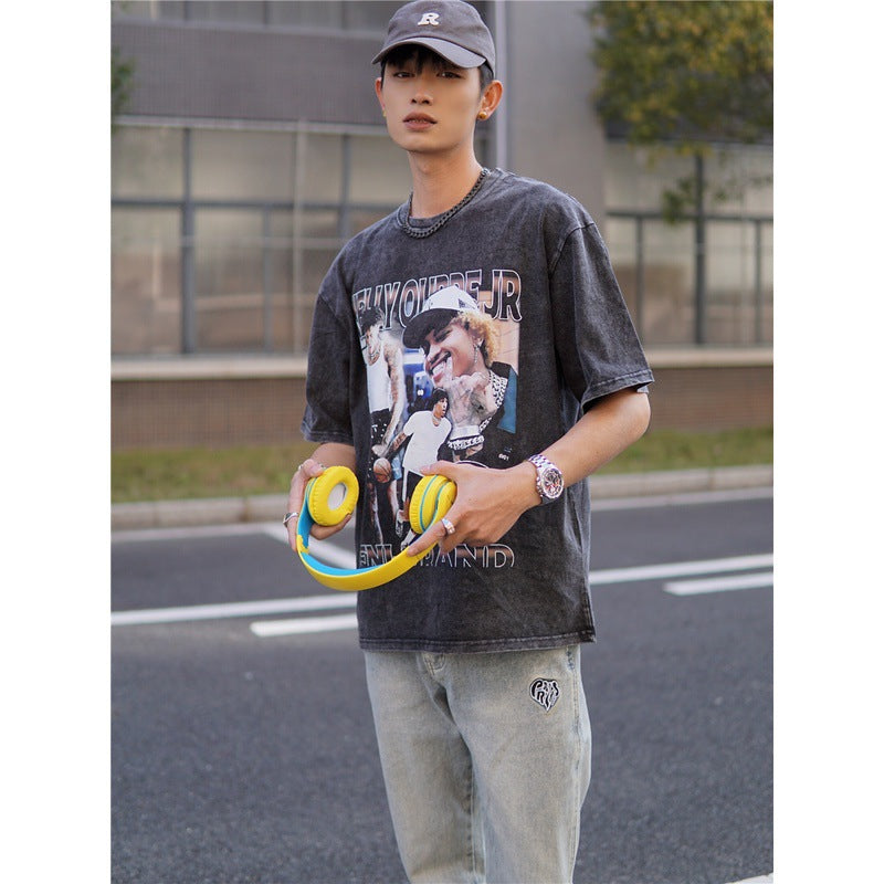 Film Star T Shirt Kelly Oubre Printed T-shirt Short Sleeve Loose Retro Pure Cotton Washed Distressed