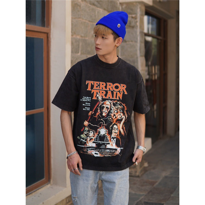 Film Star T Shirt Horror Movie Death Train Pure Cotton Loose Nostalgic Short Sleeve Trendy T-shirt Men and Women