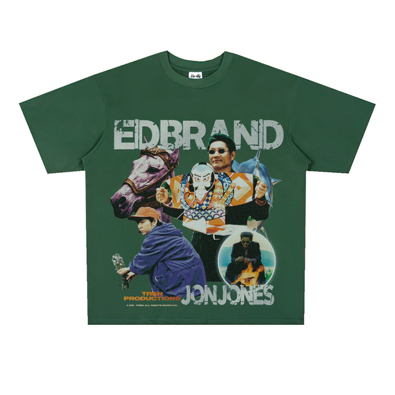 Film Star T Shirt Loose American Retro Heavy round Neck Street T-shirt for Men and Women
