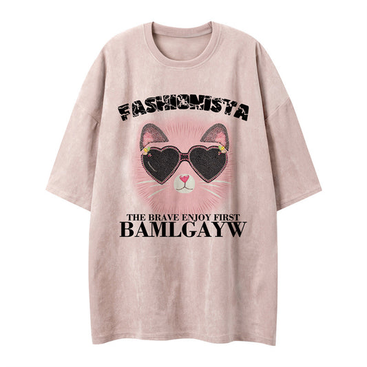 US drip outfits Summer Vintage Pussy Print Casual Loose Short Sleeve T-Shirts