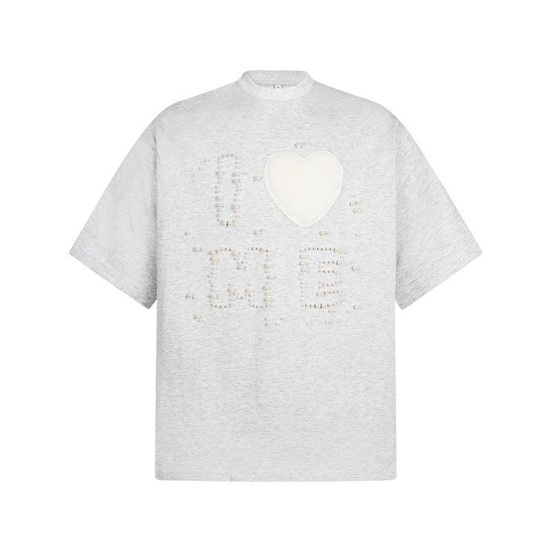 Casual Street Wear Old Embroidered Love Vintage Loose Hip Hop Oversize Short Sleeve T-Shirt