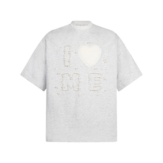 Casual Street Wear Old Embroidered Love Vintage Loose Hip Hop Oversize Short Sleeve T-Shirt