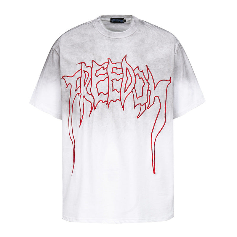 Retro Style Shirt For Men Summer Flame Letter Embroidery Short Sleeve T-Shirt