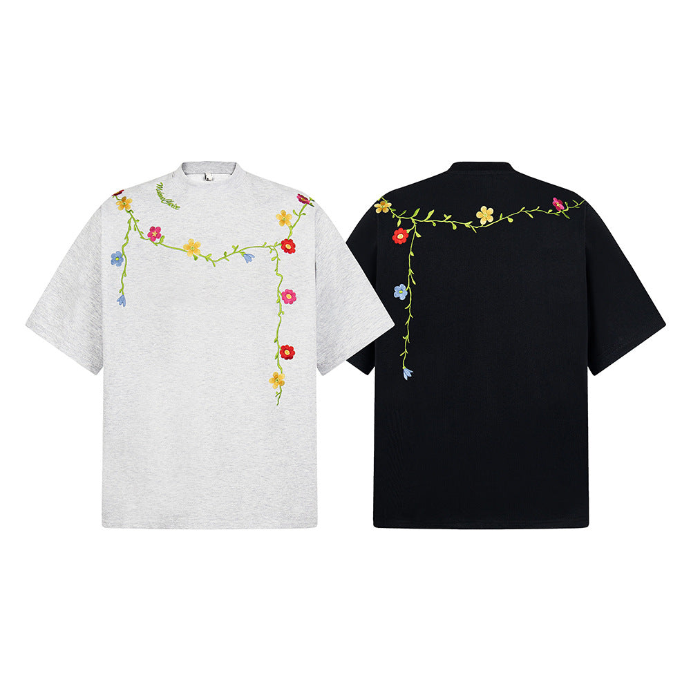 Hip Hop Clothes New York Vintage Floral Embroidery Short Sleeve T-Shirt