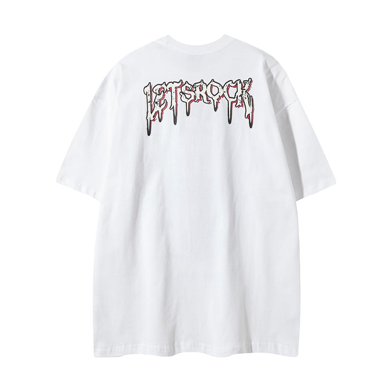 Nyc T-Shirt Cat Graffiti Letter Strap Necklace Short Sleeve T-Shirt Hip Hop Loose T-Shirt