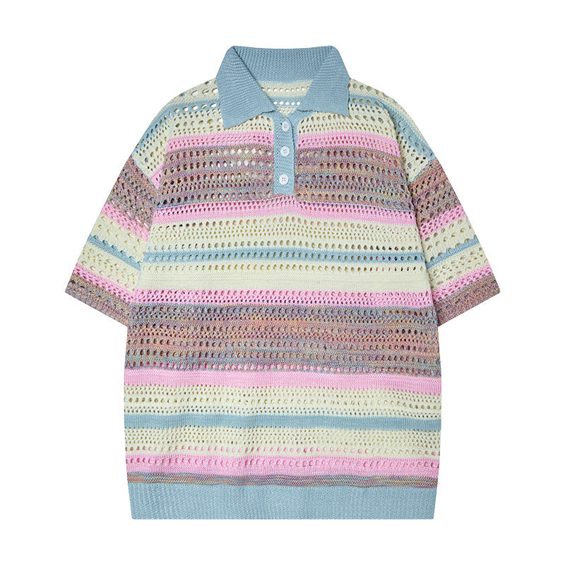 Nyc 1990 Shirt Retro Striped Hollow Contrast Color Knitted Polo Shirt Summer Lapel Casual Short Sleeve T-Shirt