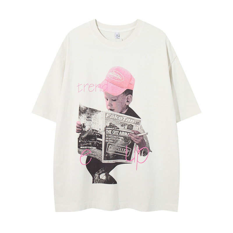 US drip outfits Summer Vintage Portrait Daily Pattern Casual Loose Short Sleeve T-Shirts