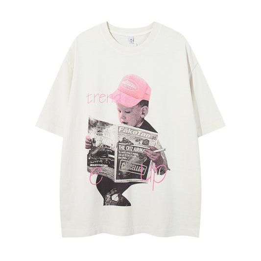 US drip outfits Summer Vintage Portrait Daily Pattern Casual Loose Short Sleeve T-Shirts