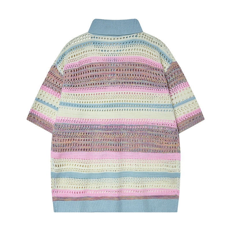 Nyc 1990 Shirt Retro Striped Hollow Contrast Color Knitted Polo Shirt Summer Lapel Casual Short Sleeve T-Shirt