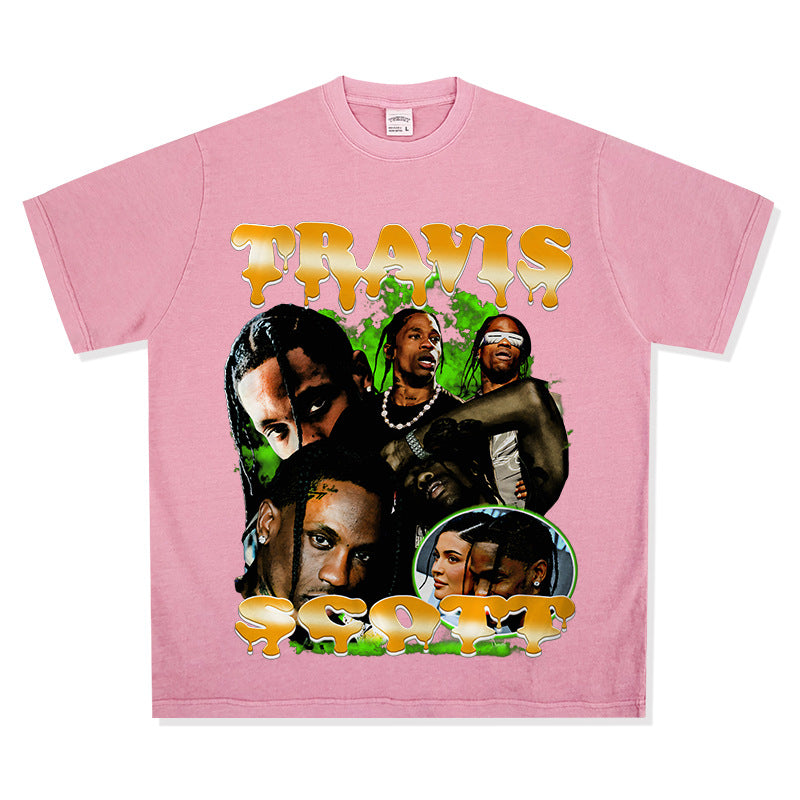 Streetwear masculino vintage hip hop Travis Scott Travis print short sleeve t-shirt
