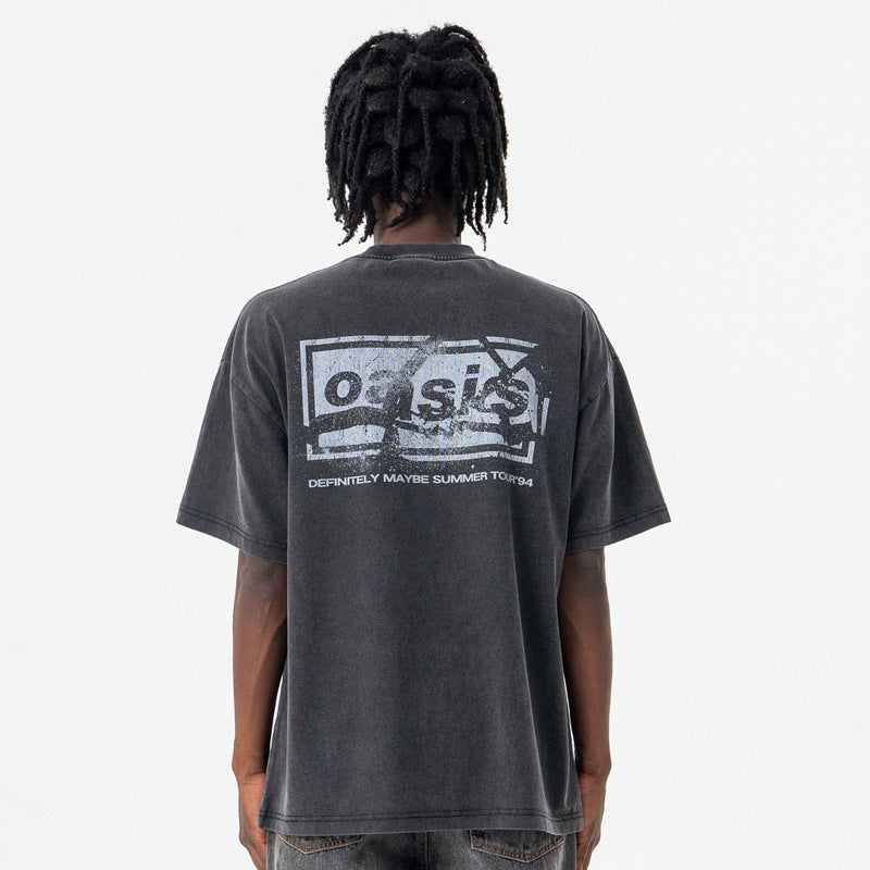 Vic Streetwear Summer Vintage Portrait Washed Crew Neck Short Sleeve T-Shirt